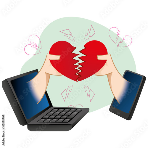 cell illustration mobile and notebook, people in a loving virtual separation