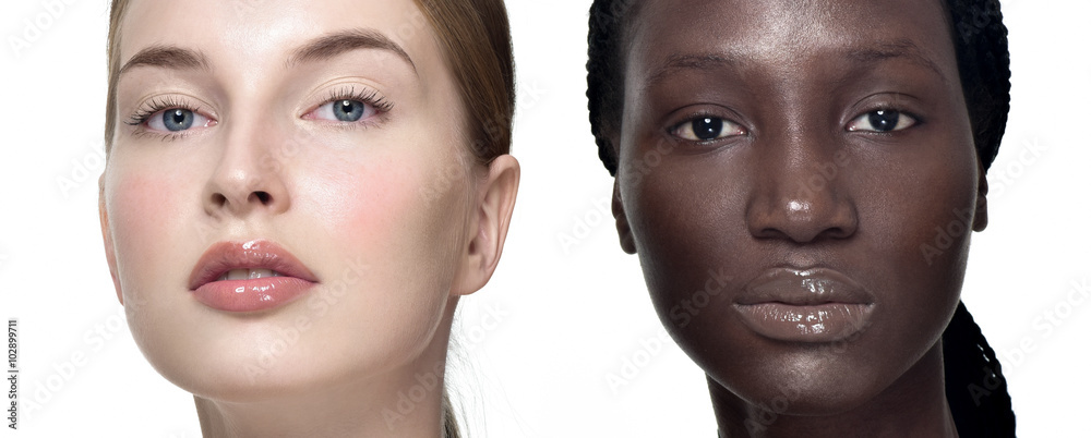 Portrait of two cheerful multiethnic women. Beautiful women, fla Portrait of two cheerful multiethnic women. Beautiful women, fla