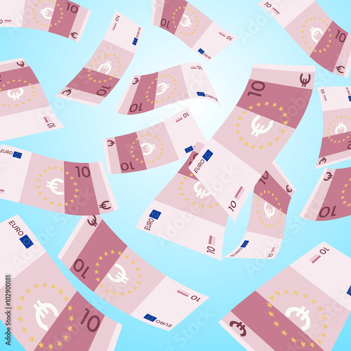 Money falling from sky on blue background. 10 Euro banknotes falling. Vector Illustration.