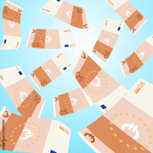 Money falling from sky on blue background. 50 Euro banknotes falling. Vector Illustration.