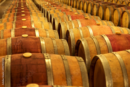 Wine barrels stacked in the cellar of the winery.