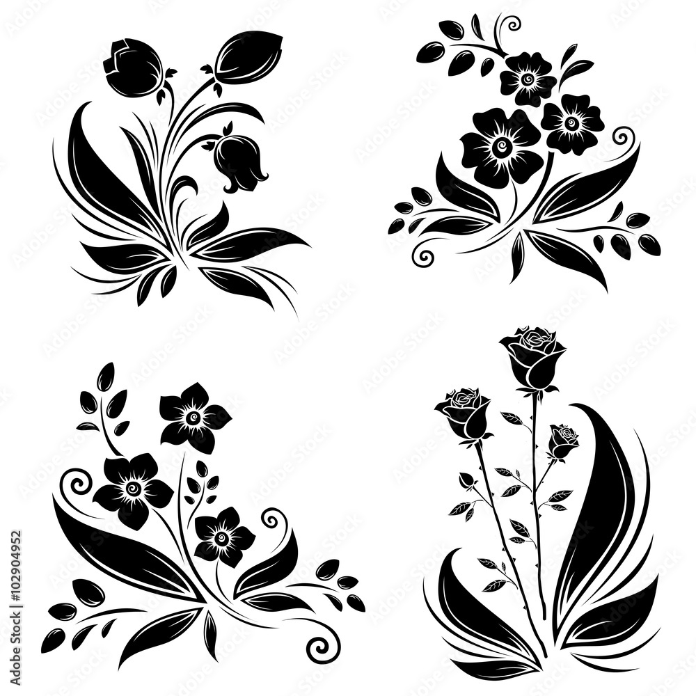 Flowers black silhouettes collection set  - obrazy, fototapety, plakaty 