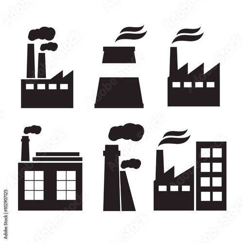 Set of industry manufactory building icons. Plant and factory, power and smoke, oil and energy, nuclear manufacturing station.