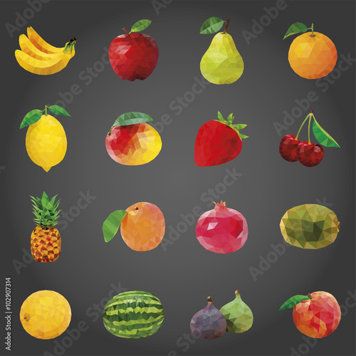 Fruits Icons Set, low poly vector