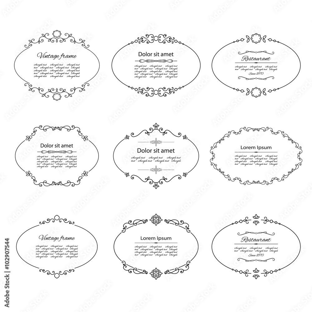 Vintage oval frames set isolated on white.