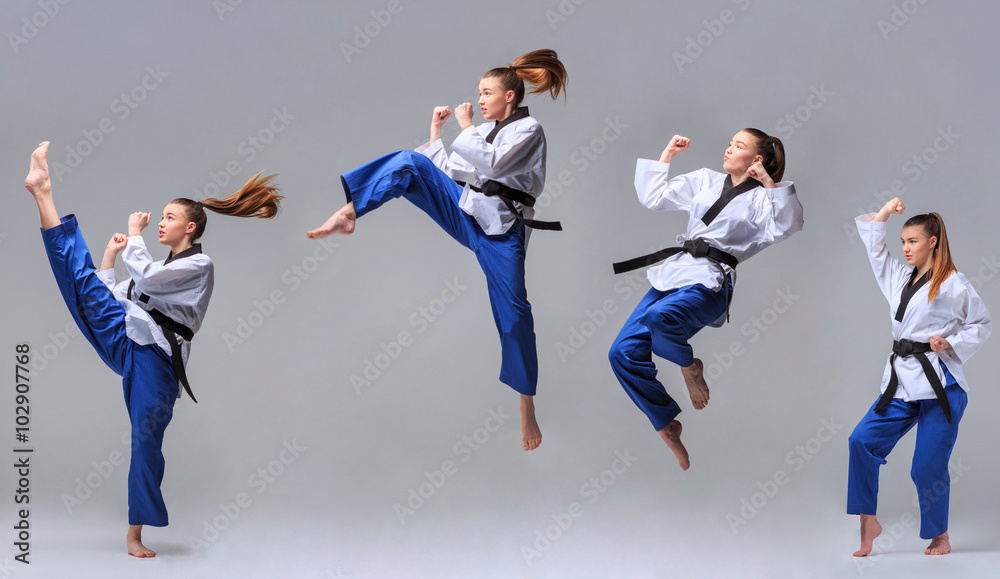 The collage of karate girl with black belt
