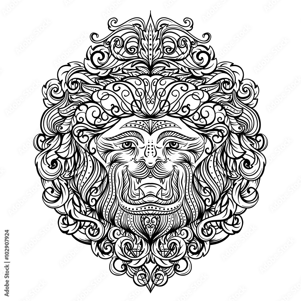 Lion Head with abstract ornament. Vintage tattoo art design, card, print, t-shirt, postcard, poster. Black and white hand drawn vector illustration