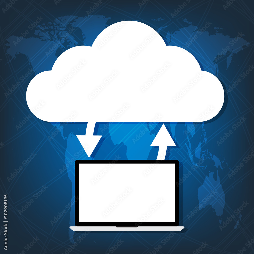 Computer laptop connected cloud on world map blue background. Computer laptop connected cloud on world map blue background.