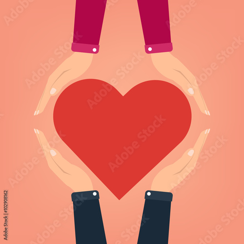Flat design man two hands giving heart to women. Vector.