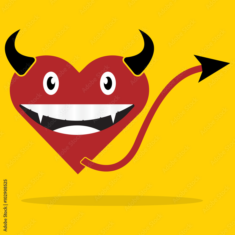Red vampire heart with tail and horn. Vector illustration flat. Red vampire heart with tail and horn. Vector illustration flat.