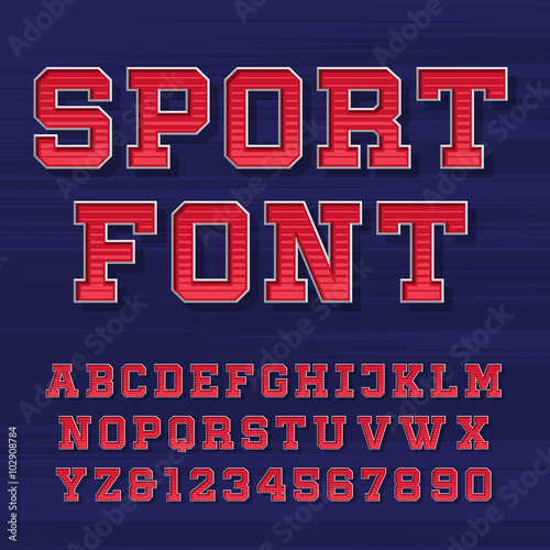 Sport alphabet vector font. Retro style typeface for labels, titles, posters or sportswear. Type letters and numbers on the dark background. 