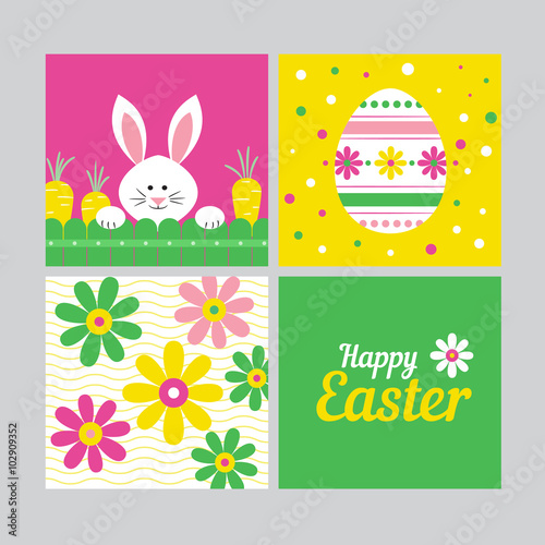 Happy easter card with egg, rabbit and flowers