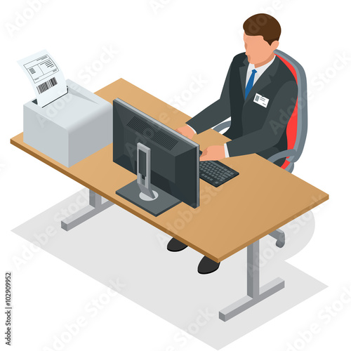 Businessman looking at the laptop screen. Businessman at work. Man working at the computer. Order from China. Flat 3d vector isometric illustration