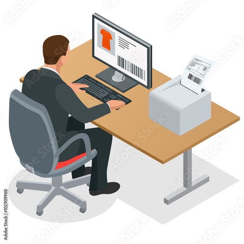 Businessman looking at the laptop screen. Businessman at work. Man working at the computer. Order from China. Flat 3d vector isometric illustration
