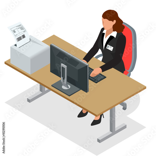 Business woman looking at the laptop screen. Business woman at work. Woman working at the computer. Order from China. Flat 3d vector isometric illustration