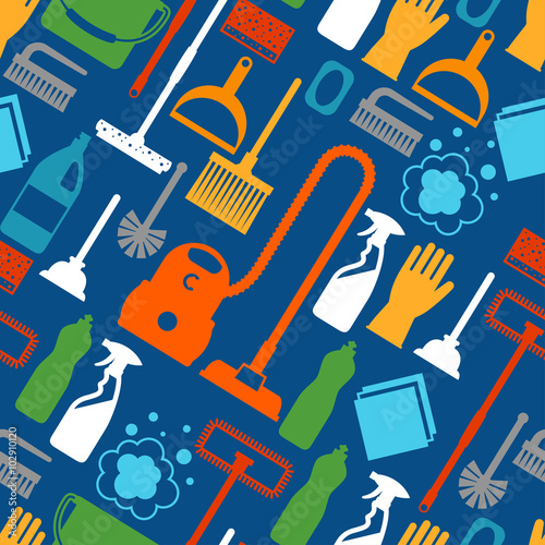 Housekeeping lifestyle seamless pattern with cleaning icons. Background for backdrop to site, textile printing and wrapping paper