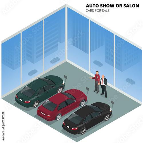 Commercially colorful cars stand in car shop. Cars for sale. Auto business, car sale and people concept. Auto show or salon. Vector 3d flat isometric illustration