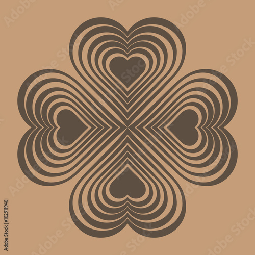 Brown Celtic heart knot - stylized symbol. Made of hearts. Four-leaf clover. Isolated design element. Beige background. Vector illustration.