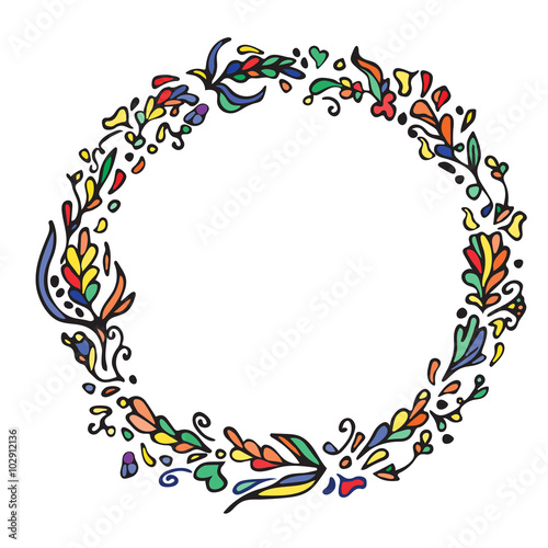 Leaf doodle wreath. Vintage round frame isolated on white. Hippie style. Space for text.Floral illustration.Template for wedding invitation, save the date, greeting,birthday cards. Decorative element.