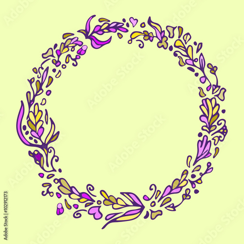 Leaf doodle wreath. Vintage round frame on yellow background. Space for your text. Floral illustration.Template for wedding invitation,save the date,greeting,birthday cards. Decorative design element.