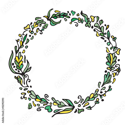 Wallpaper Mural Leaf doodle wreath. Vintage round green frame isolated on white. Space for your text. Floral illustration.Template for wedding invitation, save the date, greeting, birthday cards. Decorative element. Torontodigital.ca