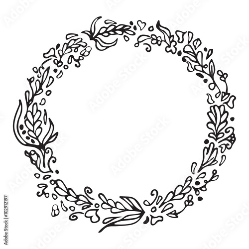 Leaf doodle wreath. Vintage round frame isolated on white. Space for your text. Floral illustration.Template for wedding invitation  save the date  greeting  birthday cards. Decorative design element.