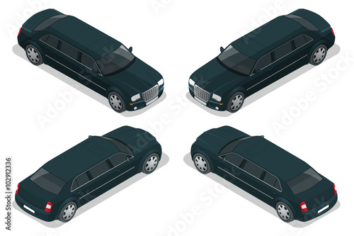 Black limousine. VIP car. Vector flat 3d  isometric illustration. Limousine icon, sign. Modern simple design, flat style.