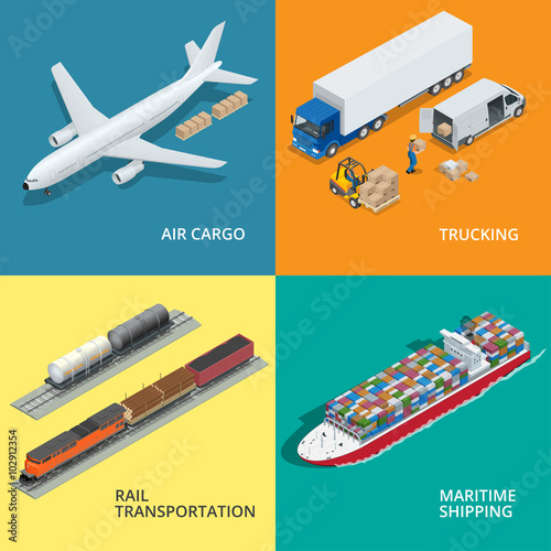 Logistic realistic icons set of air cargo, trucking, rail transportation, meritime shipping. On-time delivery. Delivery and logistic. Vector isometric illustration. photo