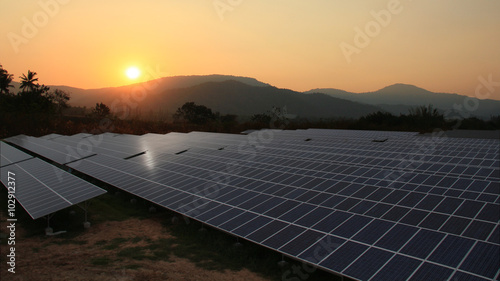Solar farm with sunrise