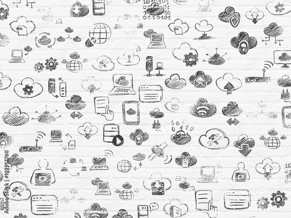 Grunge background: White Brick wall texture with Painted Hand Drawn Cloud Technology Icons