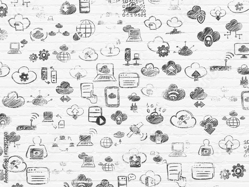 Grunge background  White Brick wall texture with Painted Hand Drawn Cloud Technology Icons