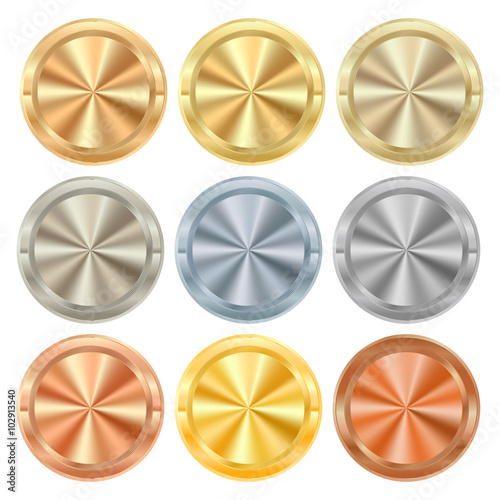 vector Collection of round knobs of different kinds of metal gold silver platinum copper bronze brass aluminum with centric circles