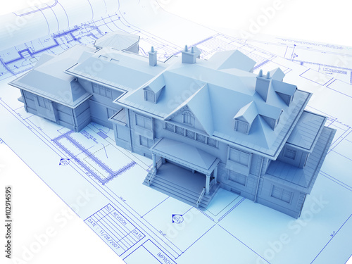 3D building with architectural drawing