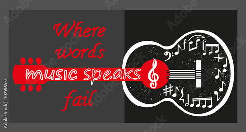 Creative poster, acoustic guitar silhouette, lettering Where words leave off, music begins. Template for music themed design, events, promotion, card, flyer, decoration. Vector illustration.