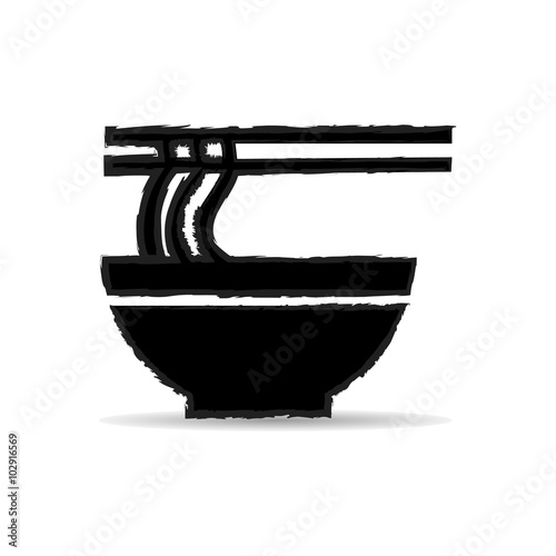 Single black bowl with ramen or noodles with two chopsticks on white background Vector EPS10, Great for any use.