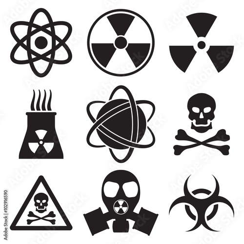 Vector black atom icons set nuclear danger 