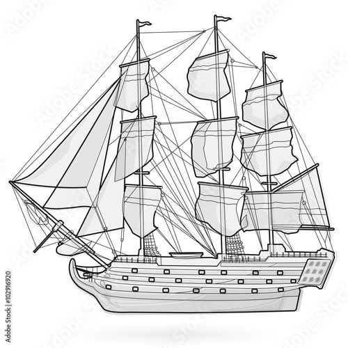 Big old wooden historical sailing wire boat on white. With sails, mast, brown deck, guns. Black and white galleon. Training corvette ship for pirate - flatten icon isolated illustration master vector
