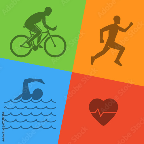 Line and flat triathlon logo. Swimming, cycling and running icon