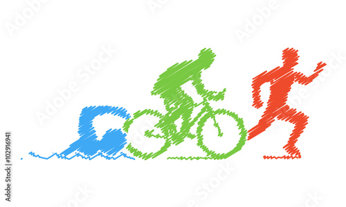 Obraz na plátně Colored pencil drawing of the logo triathlon. Figures triathlete