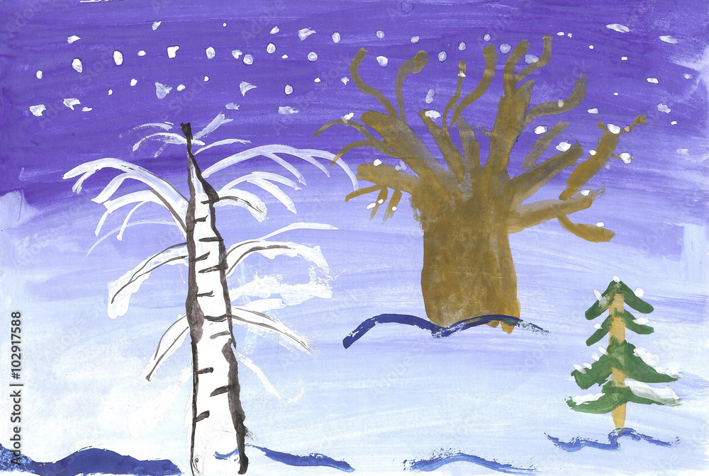 Fototapeta premium Children drawing winter landscape.