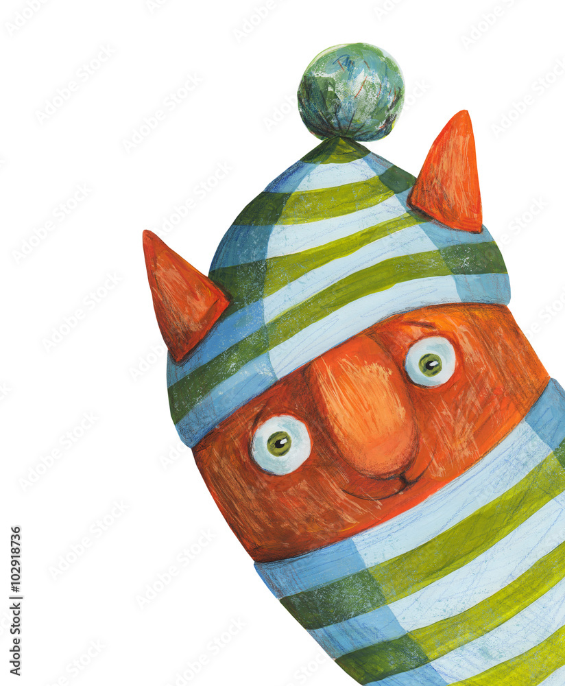 Obraz premium Red cat in striped hat. Watercolor and gouache Illustration