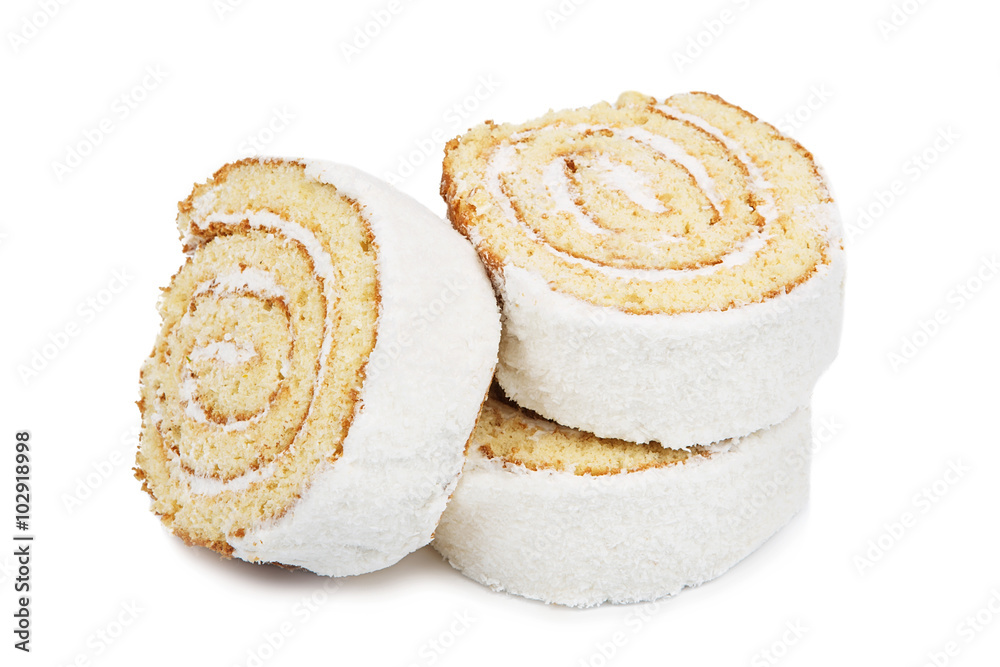 Slices of sweet roll cake isolated on white background Slices of sweet roll cake isolated on white background