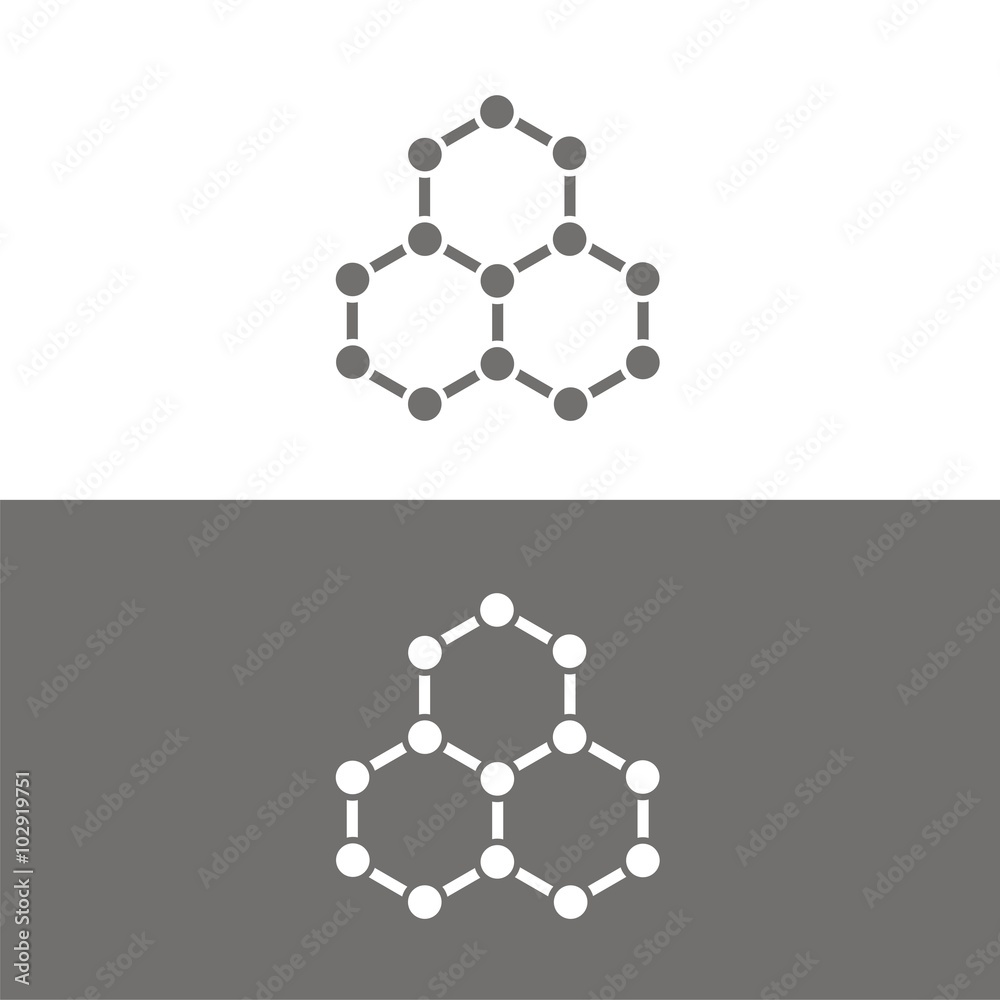 Icono de una molécula sobre fondos blanco y negros. Ilustración vectorial