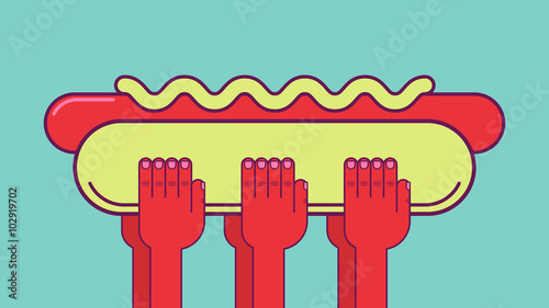 Three pairs of hands holds giant hot dog with sausage and mustard. Clipping mask used.