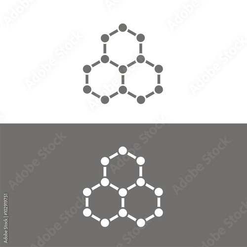 Icono de una molécula sobre fondos blanco y negros. Ilustración vectorial