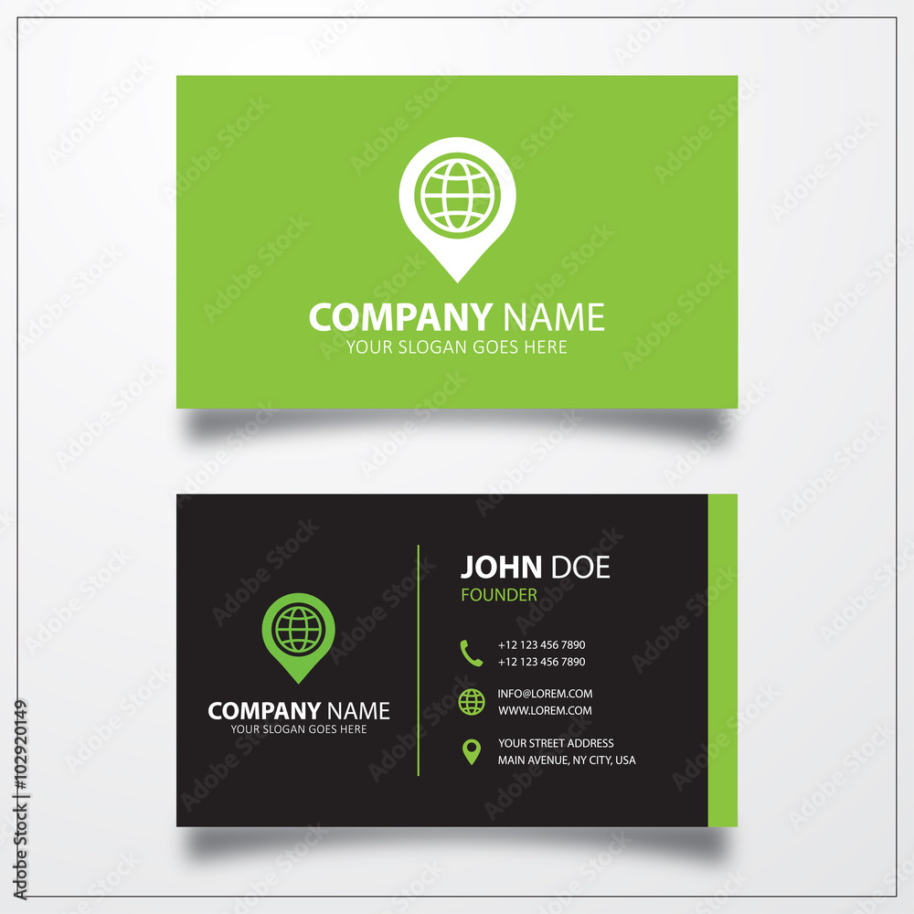 Pin with globe icon. Business card template Pin with globe icon. Business card template