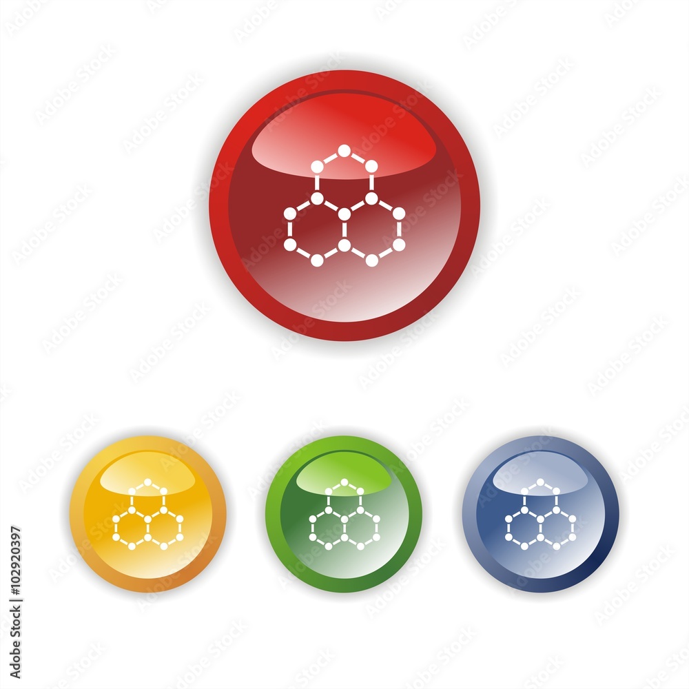 Icono de una molécula sobre botones de colores. Ilustración vectorial