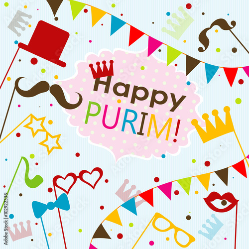 Template Jewish holiday Purim greeting card, vector