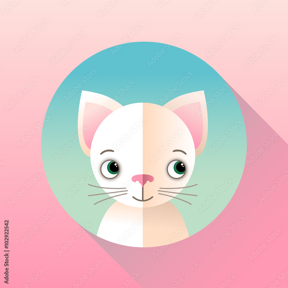 Cute little white kitten on a pink background in vector