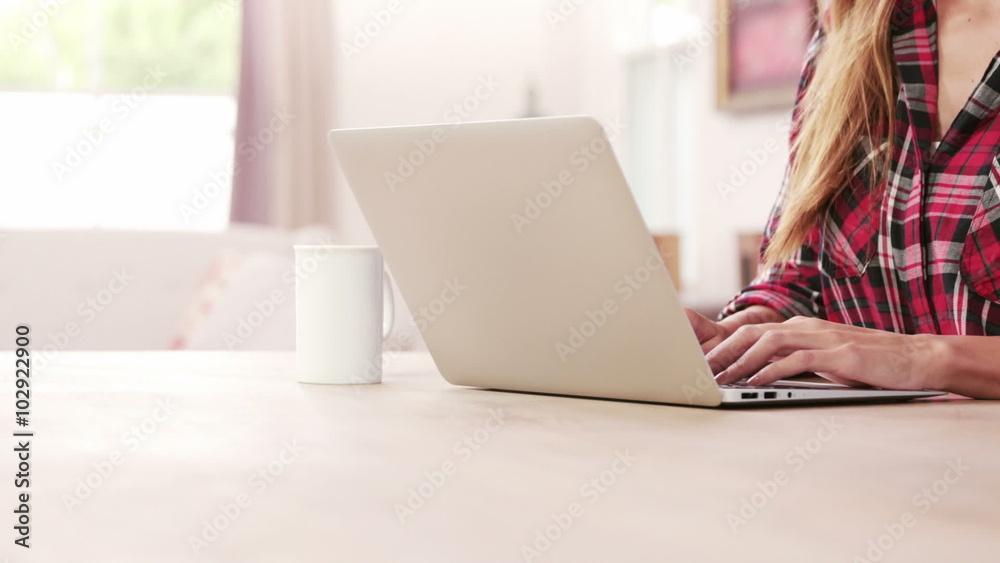Midsection of a woman using laptop while drinking coffee Midsection of a woman using laptop while drinking coffee